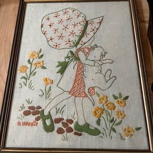 Vintage original hand stitched Holly Hobbie framed picture. 11 x 14”
